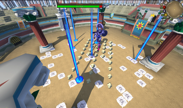 Echo Sol Heredit in the arena with blue beams and marked floor tiles around the player.