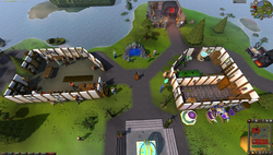 The Sarim home area with its central portal, surrounding buildings and RuneLite sidebar