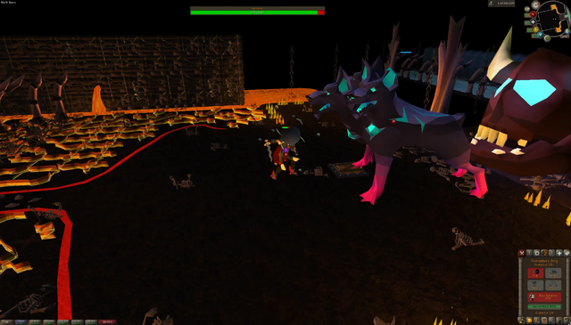 Echo Cerberus, a purple three-headed hound with cyan markings, facing a player beside lava.